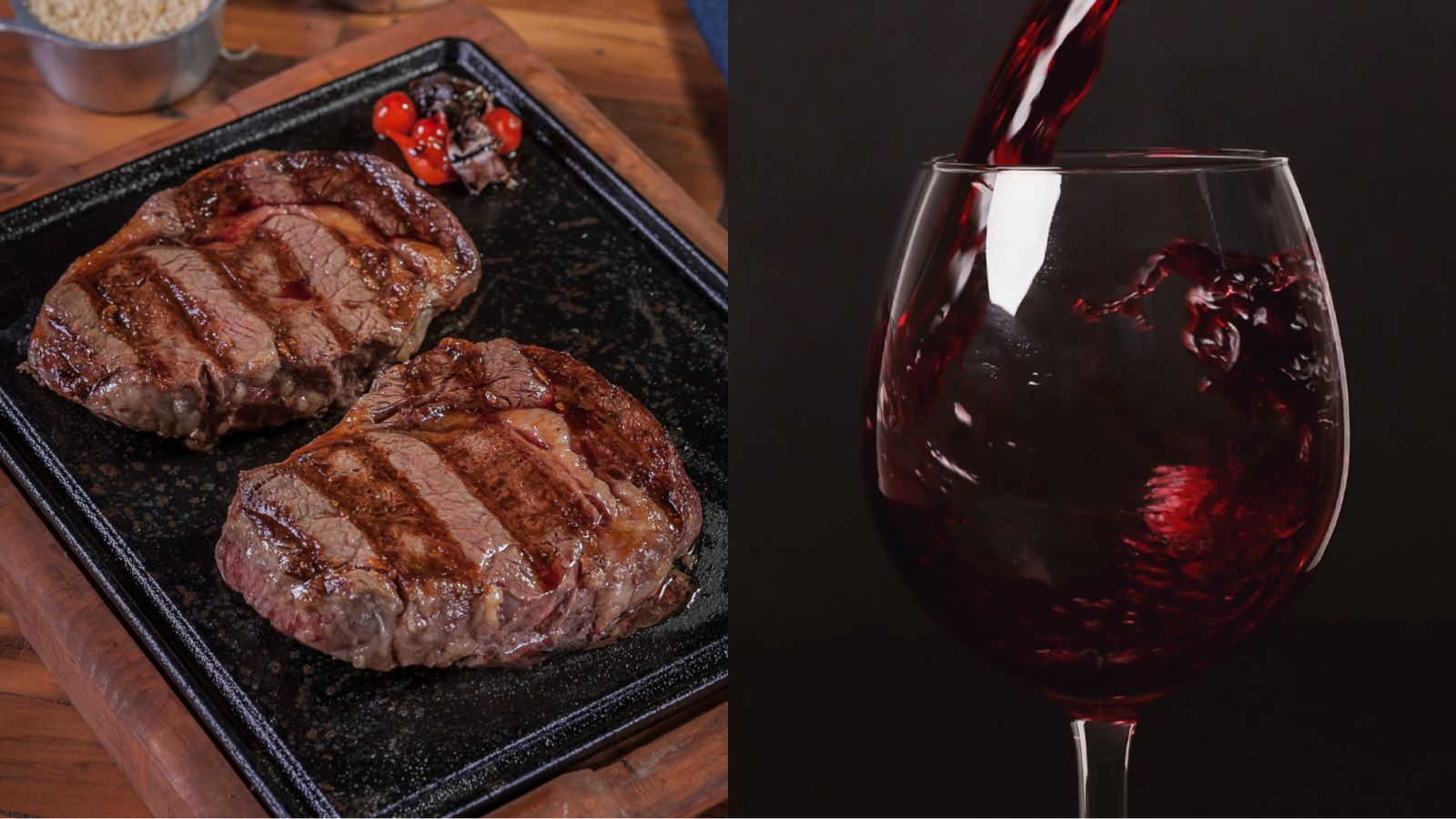 Combinação de carne vermelha com vinho tinto (Crédito: Montagem Menu: Elvis Fernandes / Freepik)